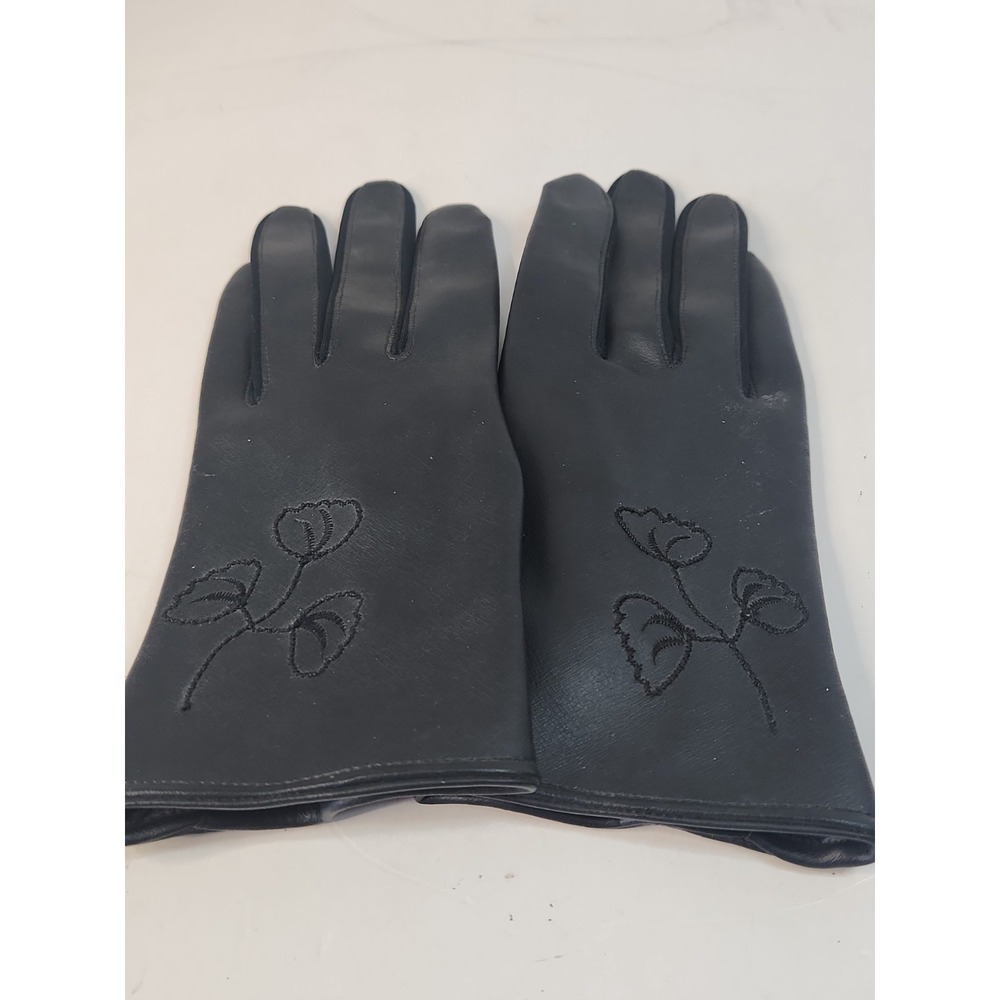 Vtg 1960s Black Vinyl Gloves Floral Embroidered Mod Japan Sz M 7.5-8.5 Pls Read